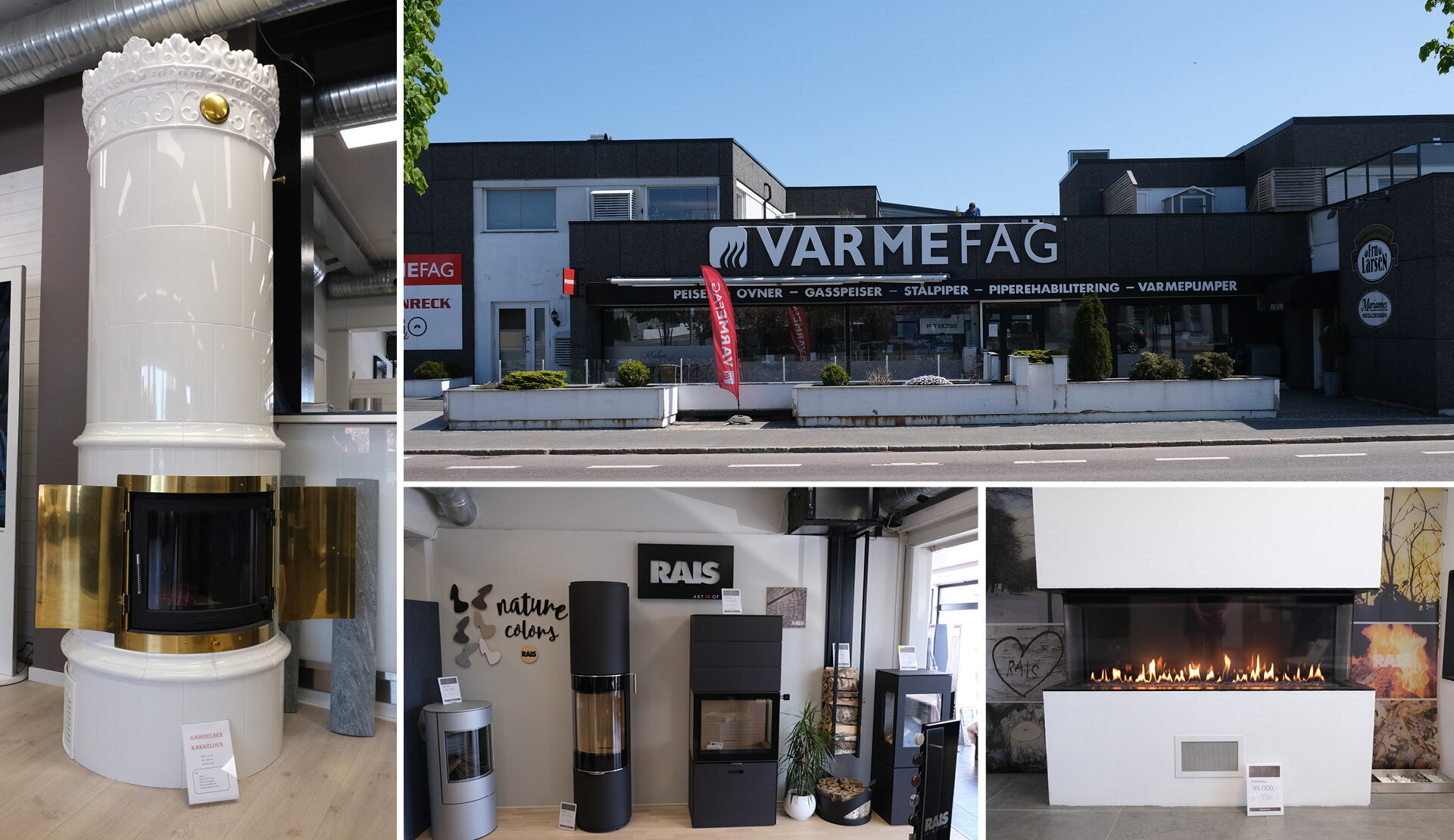 Innvendig bilde av butikken Varmefag Larvik med utstilling av peiser og vedovner