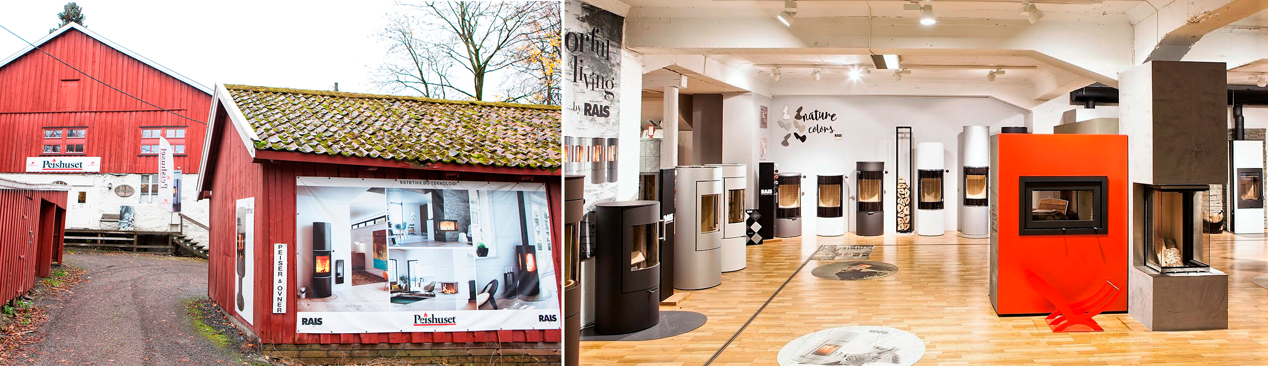 Innvendig bilde av butikken Varmefag Lilleaker med utstilling av peiser og vedovner
