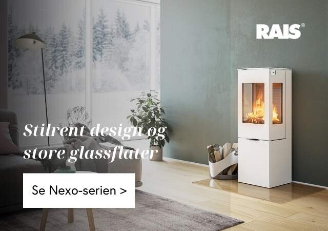 Bilde av en firkantet hvit peisovn i lys og moderne stue