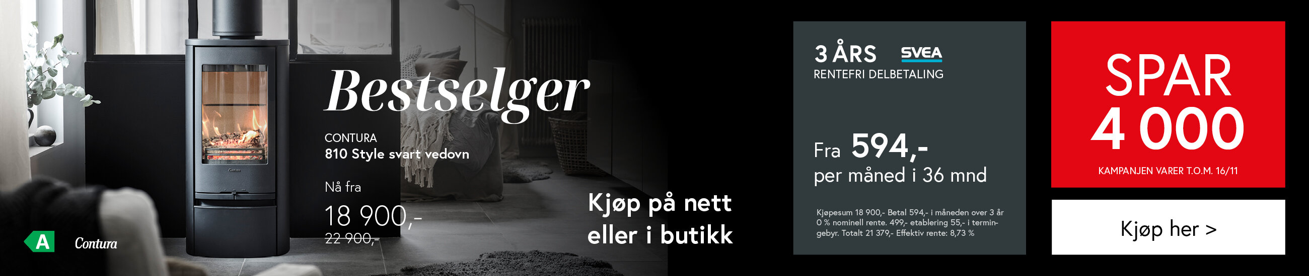 Svart peisovn i moderne stue med mrøke vegger og lyst gulv