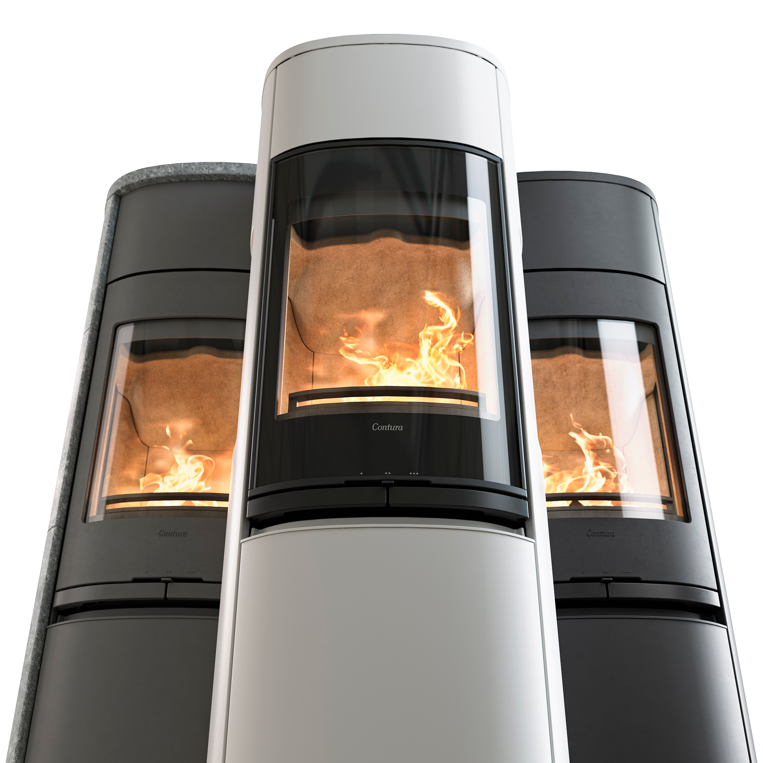 Bilde av tre vedovner i svart, hvit og grå med fyr i og hvit bakgrunn