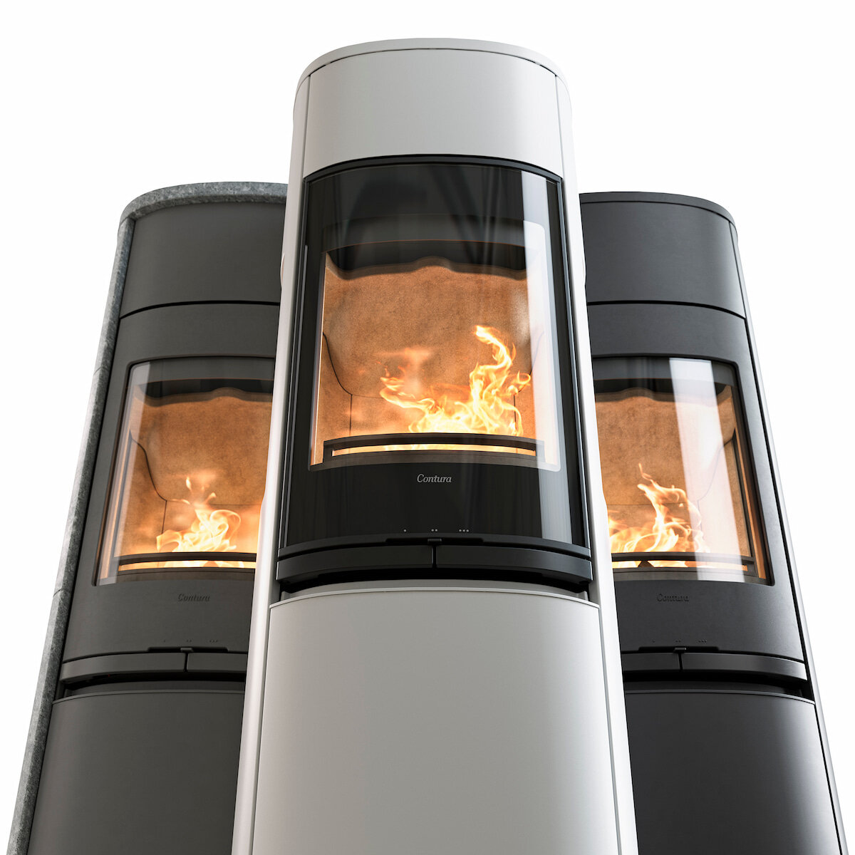 Bilde av tre vedovner i svart, hvit og grå med fyr i og hvit bakgrunn