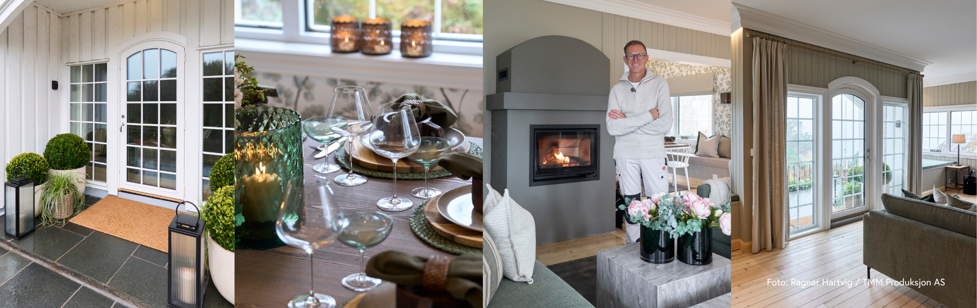 Lys og åpen stue med moderne farger og en svart peisinnsats i grå omramming