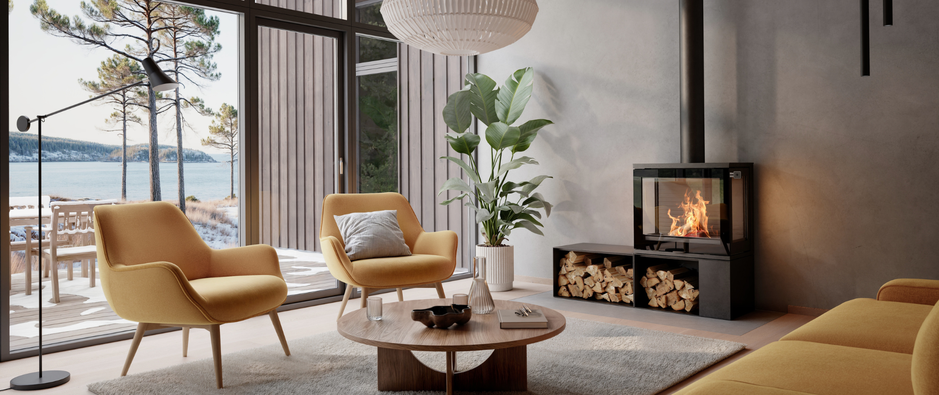 Moderne vedovn med fyr i minimalistisk stue med grå betong på veggen