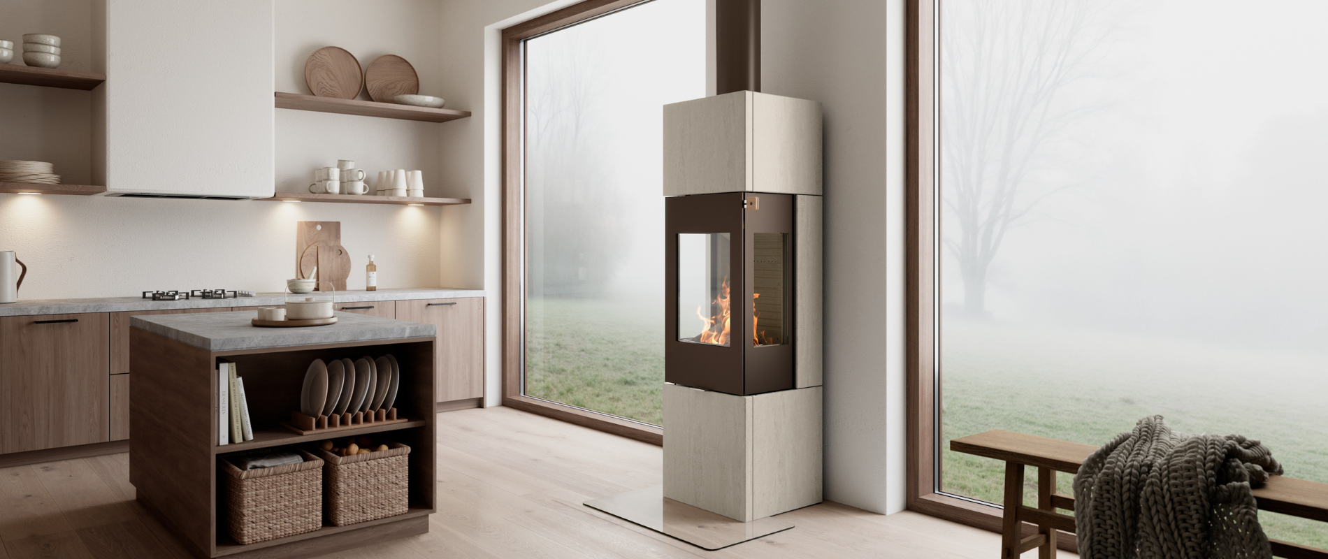 Kraftig vedovn i fargen mocca med lys porto stone varmelagring