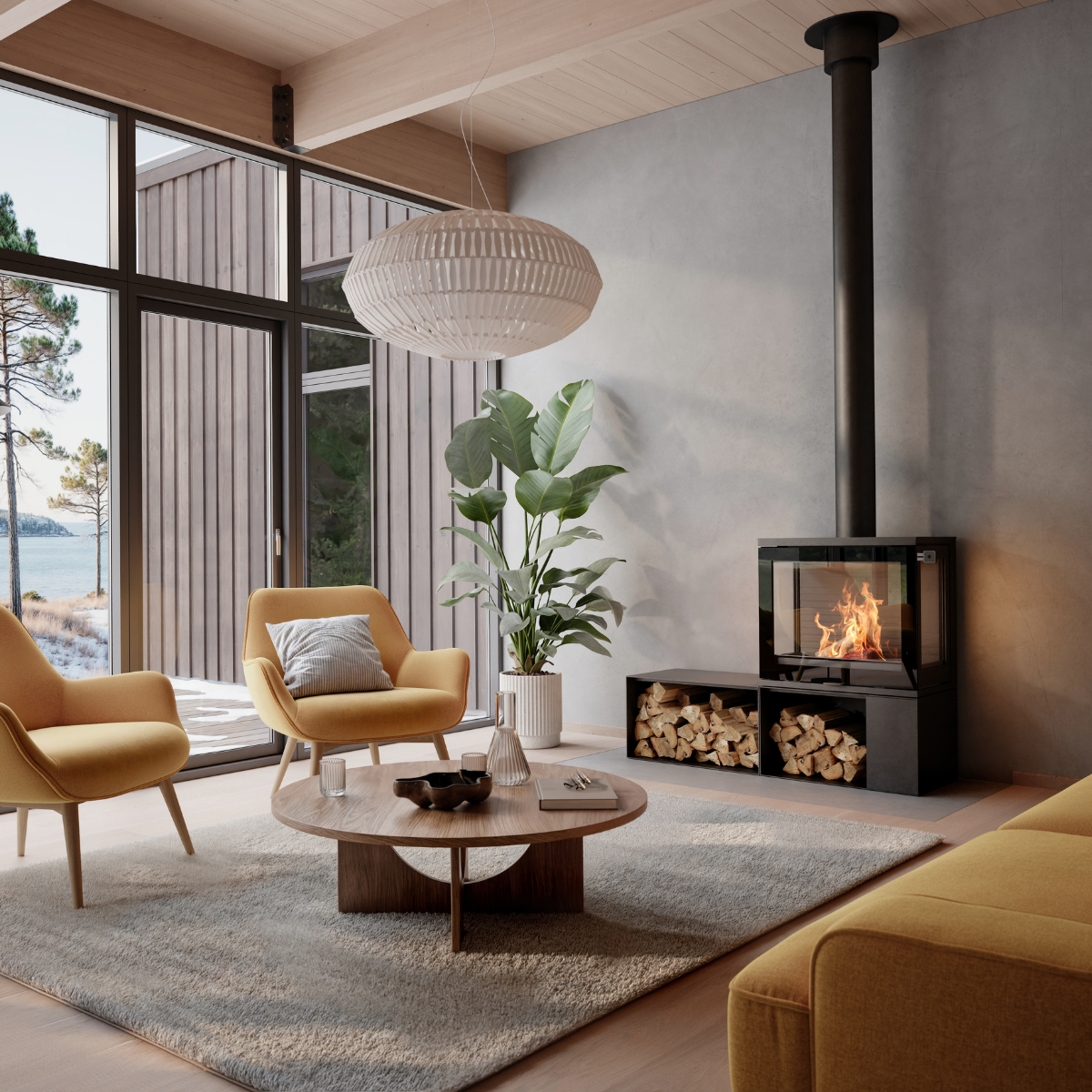 Moderne vedovn med fyr i minimalistisk stue med grå betong på veggen