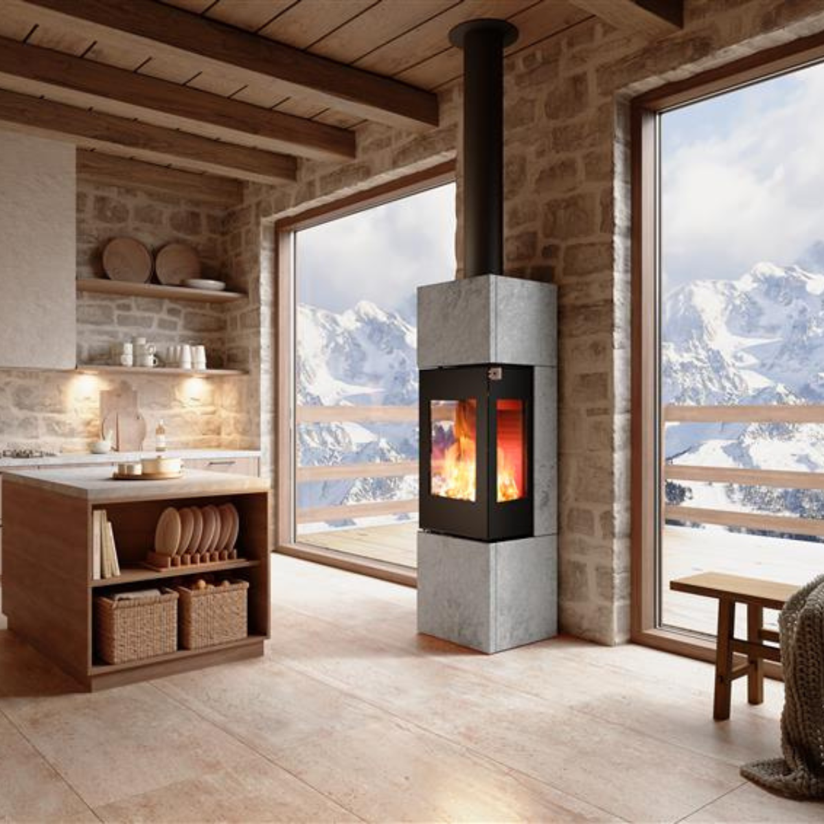 Kraftig vedovn i fargen mocca med grå kleberstein varmelagring