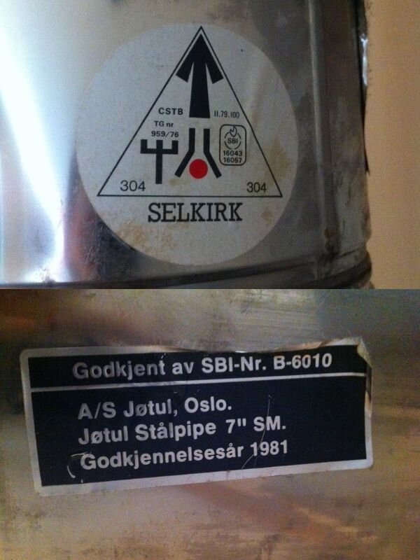 Merking av Selkirk / Jøtul piper fra 80- og 90 tallet Bilde av hvordan Selkirk / Jøtul pipene fra 80- og 90 tallet kan være merket