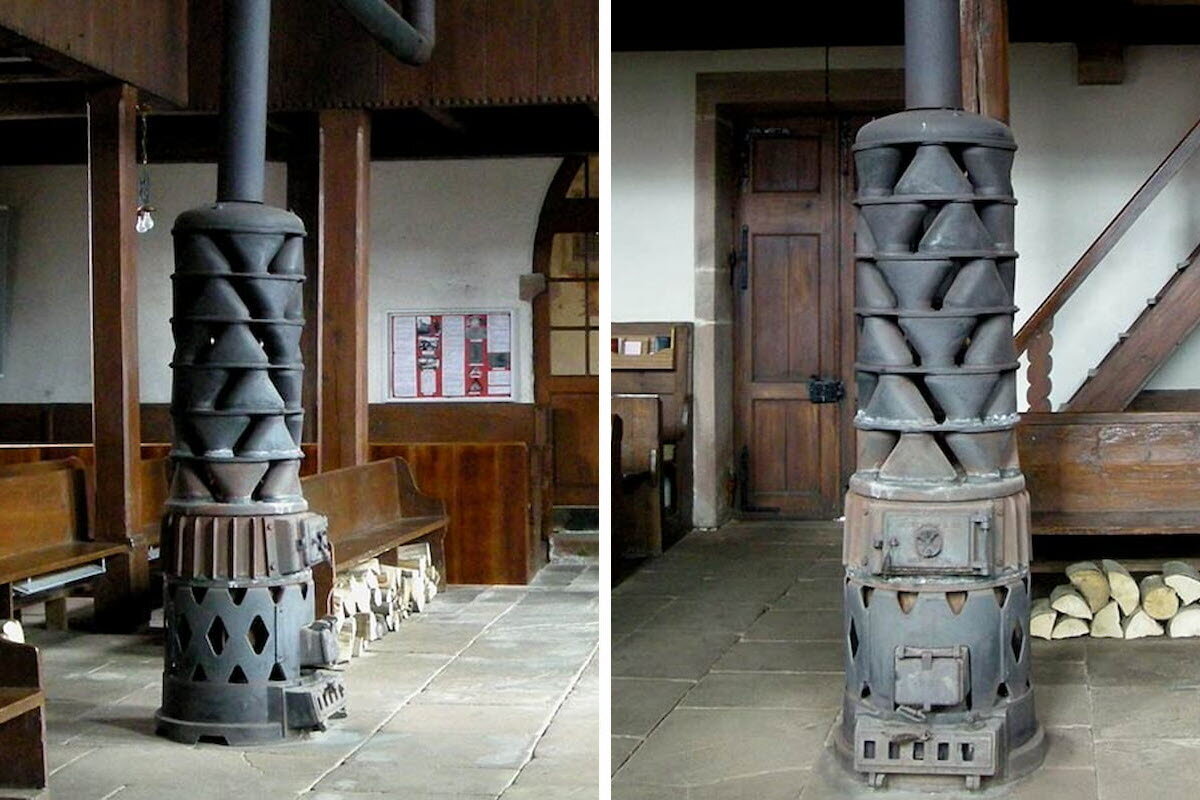 To bilder av en gammel peis i en gammel kirke