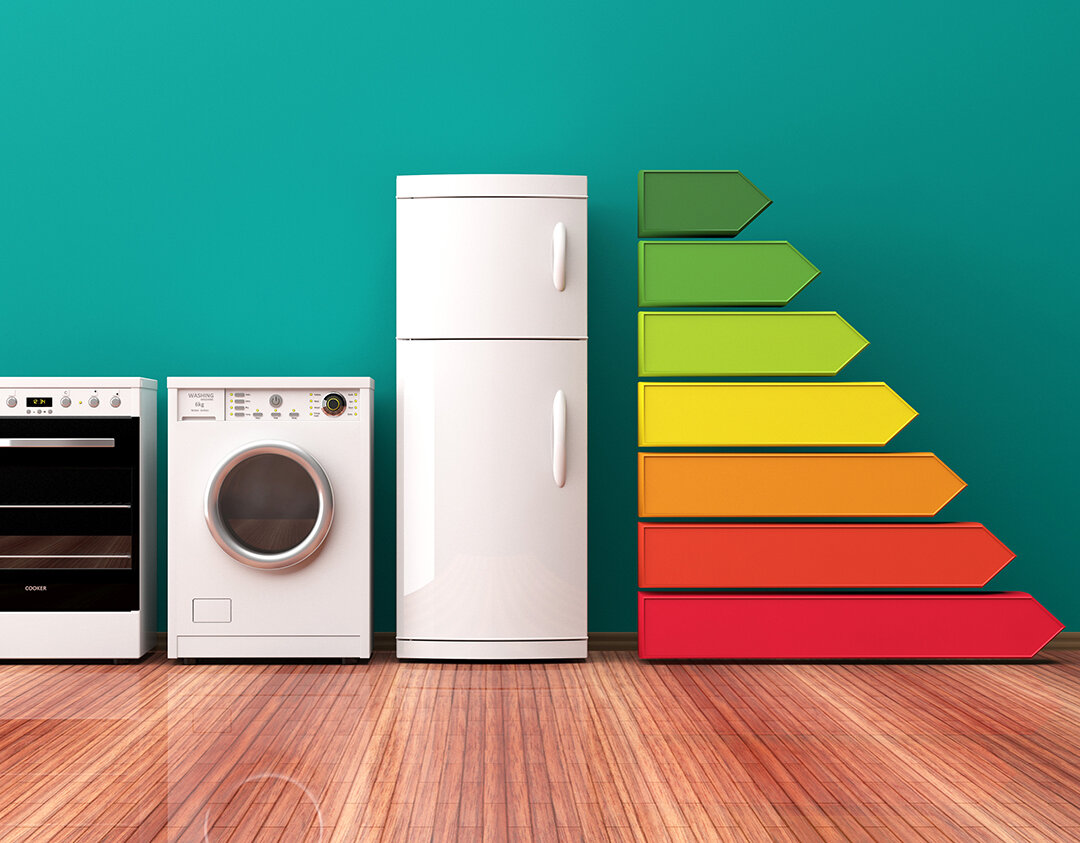 En ovn, vaskemaskin, kjøleskap og grafen til energimerking ved siden av hverandre